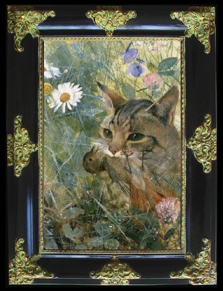 framed  unknow artist Cats with fagelunge in mouth, Ta119
